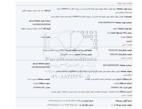 مزایده، فروش اموال منقول طبق نظریه کارشناسی در پرونده کلاسه 0300012 شعبه اول اجرای احکام مدنی