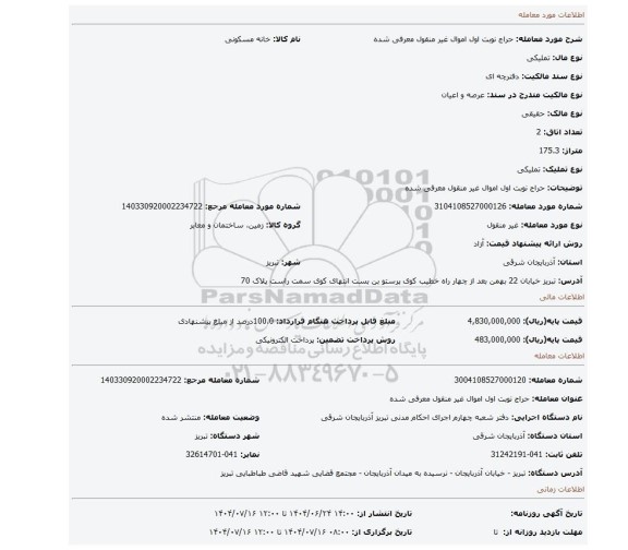 مزایده، حراج نوبت اول اموال غیر منقول معرفی شده
