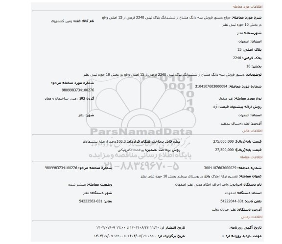 مزایده، دستور فروش سه دانگ مشاع از ششدانگ پلاک ثبتی 2240 فرعی از 15 اصلی واقع در بخش 10 حوزه ثبتی نطنز