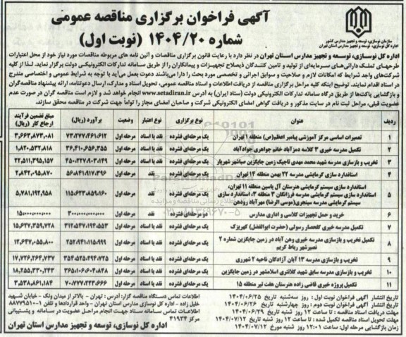 فراخوان مناقصه تعمیرات اساسی مرکز آموزشی پیامبر اعطم (ص) منطقه 1 ...