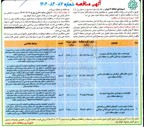 مناقصه تهیه و نصب پایه چراغ روشنائی ....