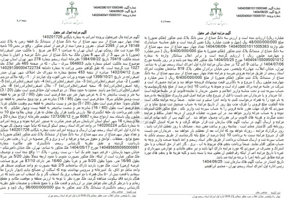 مزایده فروش پلاک ثبتی 19149 فرعی از 2395 اصلی، مفروز و مجزا شده از فرعی از اصلی مذکور، به مساحت 87.1 متر مربع 