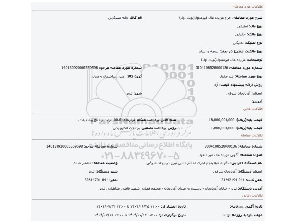 مزایده، مزایده مال غیرمنقول(نوبت اول)