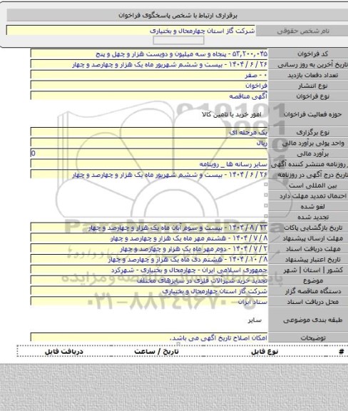 مناقصه, تجدید خرید شیرآلات فلزی در سایزهای مختلف