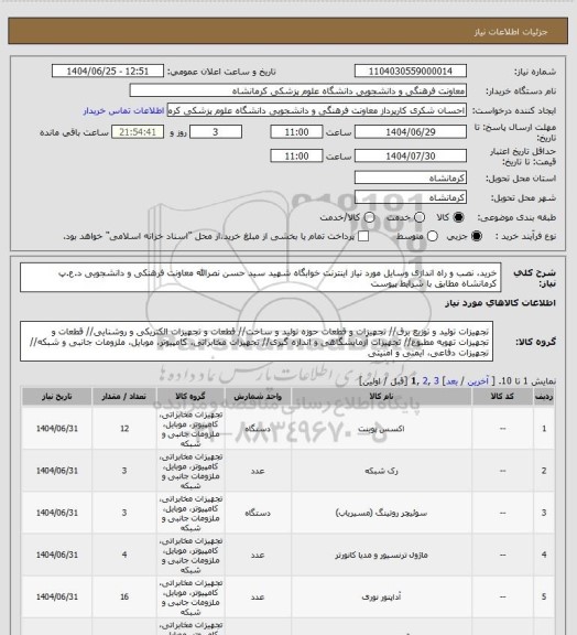استعلام خرید، نصب و راه اندازی وسایل مورد نیاز اینترنت خوابگاه شهید سید حسن نصرالله معاونت فرهنکی و دانشجویی د.ع.پ کرمانشاه مطابق با شرایط پیوست
