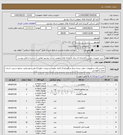 استعلام خرید تجهیزات چوبی و کتابخانه ای برای کتابخانه های عمومی استان بوشهر مطابق با شناسه و فایل پیوست.