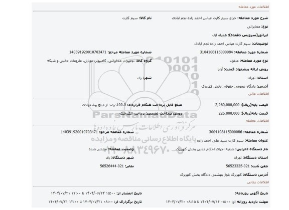 مزایده، سیم کارت عباس احمد زاده نجم ابادی