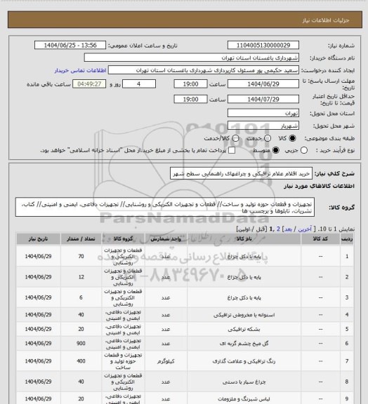 استعلام خرید اقلام علام ترافیکی و چراغهای راهنمایی سطح شهر