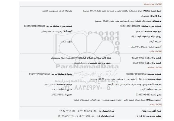 مزایده، ششدانگ یکقطعه زمین با مساحت مفید  مقدار 89.70  مترمربع