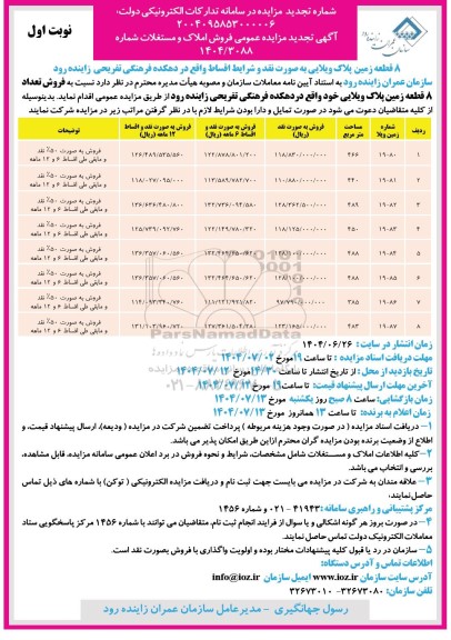 مزایده فروش 8 قطعه زمین پلاک ویلایی تجدید