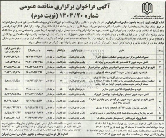 فراخوان مناقصه تعمیرات اساسی مرکز آموزشی پیامبر اعطم (ص) منطقه 1 ...- نوبت دوم 