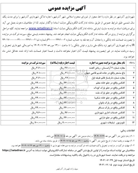مزایده اجاره اماکن شهرداری 
