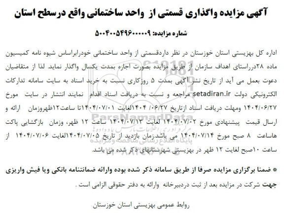 مزایده واگذاری قسمتی از واحد ساختمانی واقع در سطح استان