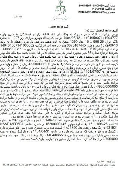 مزایده یک دستگاه خودرو سواری پژو 207 