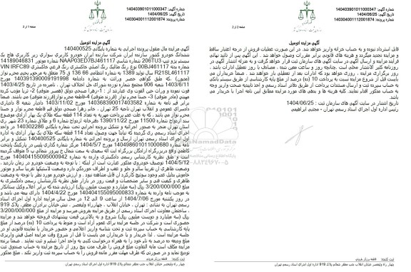 مزایده فروش یک دستگاه هاچ بک پژو تیپ 206