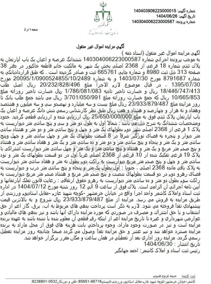 مزایده فروش ششدانگ عرصه و اعیان یکباب اپارتمان به پلاک ثبتی 18 فرعی از 2368 اصلی 