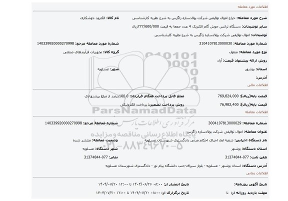 مزایده، اموال توقیفی شرکت پولادسازه زاگرس به شرح نظریه کارشناسی