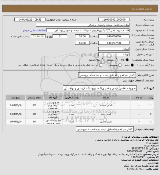استعلام کفش مردانه و زنانه طبق لیست و مشخصات پیوستی