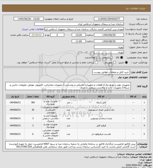 استعلام خرید کابل و متعلقات مطابق پیوست