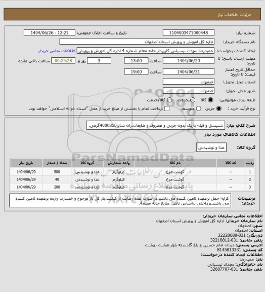 استعلام شنیسل و فیله باریک بدون چربی و غضروف و ضایعات.ران سایز350تا400گرمی.