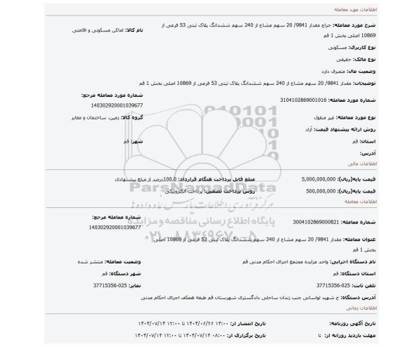 مزایده، مقدار 9841/ 20 سهم مشاع از 240 سهم ششدانگ پلاک ثبتی 53 فرعی از 10869 اصلی بخش 1 قم
