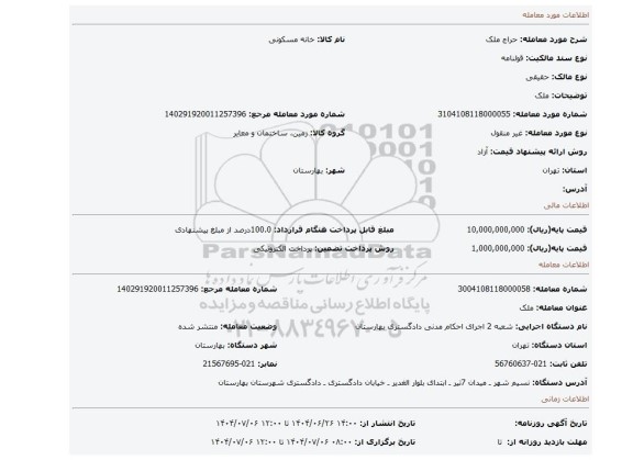 مزایده، ملک