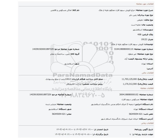 مزایده، فروش سهم الارث محکوم علیه از ملک