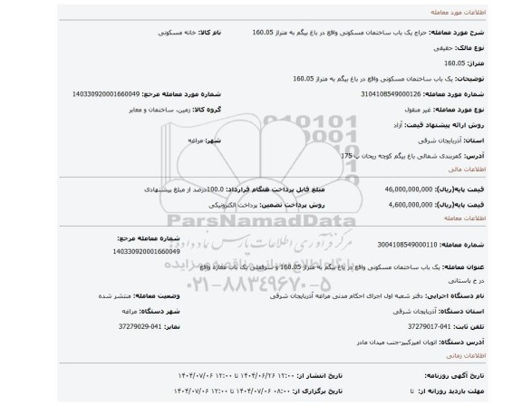 مزایده، یک باب ساختمان مسکونی واقع در باغ بیگم به متراژ 160.05