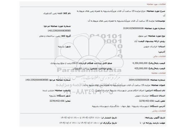 مزایده، مزایده 15 ساعت آب قنات عزیزآبادبشرویه به همراه زمین های مربوط به آن