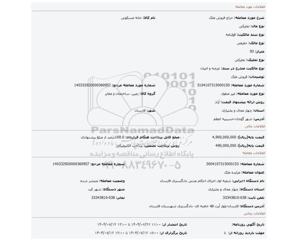 مزایده، فروش ملک