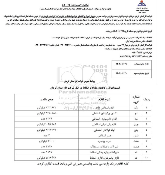 مزایده فروش اموال و کالاهای مازاد و اسقاط