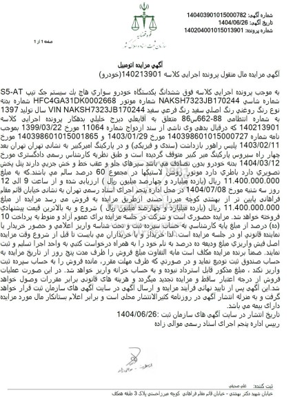 مزایده ششدانگ یکدستگاه خودرو سواری هاچ بک سیستم جک ...