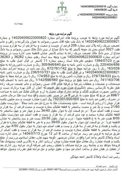 مزایده سه دانگ مشاع از شش دانگ مالک