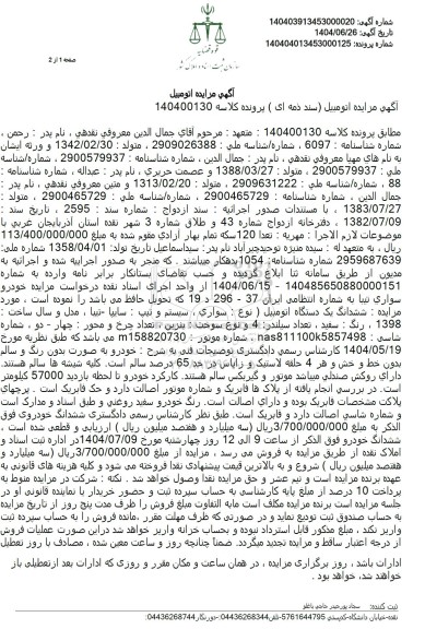 مزایده یک دستگاه خودرو سواری تیبا