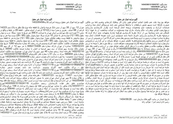 مزایده میزان 12 سهم از 30 سهم از شش دانگ عرصه و اعیان یک قطعه خانه به پلاک ثبتی 14223 فرعی از 88 اصلی 