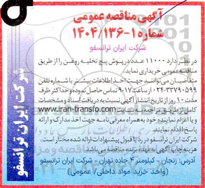 مناقصه خرید 11000 عدد درپوش پیچ تخلیه روغن