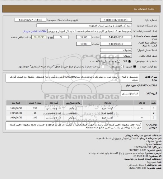 استعلام شنیسل و فیله ران بدون چربی و غضروف و ضایعات.ران سایز350تا400گرمی.بارگرم درجه 1شمالی کشتار روز قیمت گذاری شود.