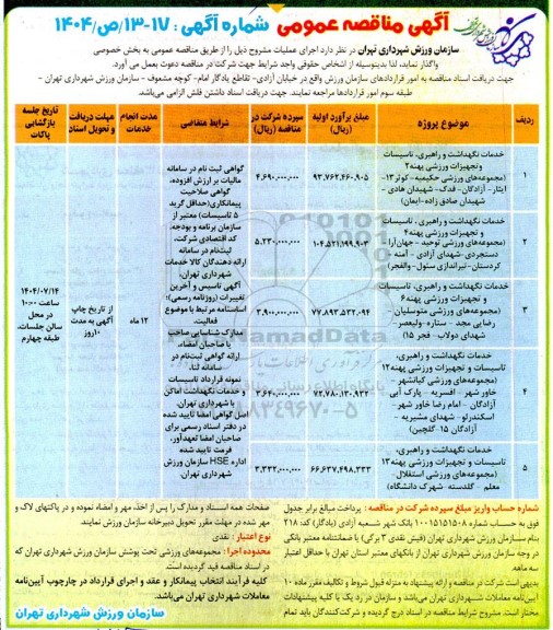 مناقصه اجرای خدمات نگهداشت و راهبری، تاسیسات و تجهیزات ورزشی ...