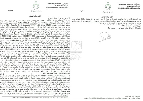 مزایده ششدانگ یک دستگاه خودروی سواری پژو هاچ بک تیپ 206 