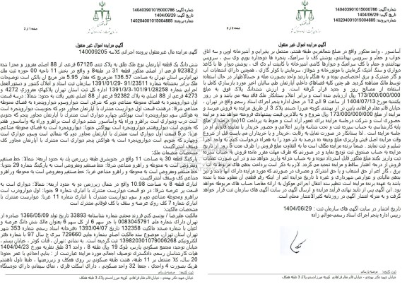 مزایده  شش دانگ یک قطعه آپارتمان نوع ملک طلق به پلاک ثبتی 67126 فرعی از 88 اصلی 