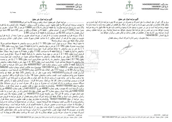 مزایده  یک قطعه آپارتمان به پلاک ثبتی 13869 فرعی از 19 اصلی، مفروز