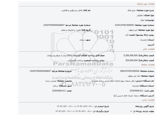 مزایده، ملک