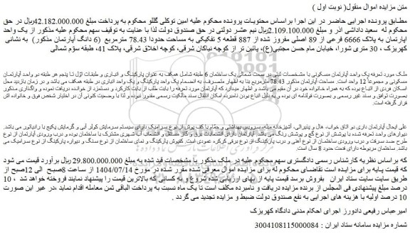 مزایده یک واحد اپارتمان به پلاک 6666 فرعی از 89 اصلی مفروز شده از 887 قطعه 5 تفکیکی به مساحت حدودا 78.43 مترمربع  (6 دانگ آپارتمان مذکور)