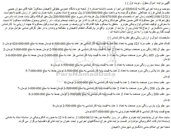 مزایده کمک های جلو و عقب مزدا 323 چینی به تعداد 96 عدد و...