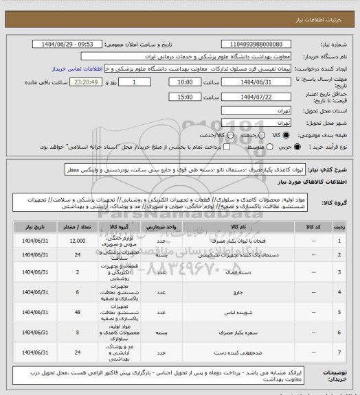 استعلام لیوان کاغذی یکبارمصرف ؛دستمال نانو ؛دسته طی قوی  و جارو سی سانت، پودردستی  و وایتکس معطر