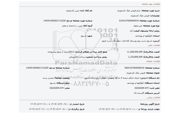 مزایده، فروش ملک کشاورزی