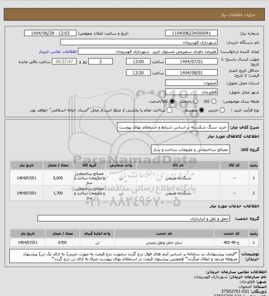 استعلام خرید سنگ شکسته بر اساس شرایط و استعلام بهای پیوست