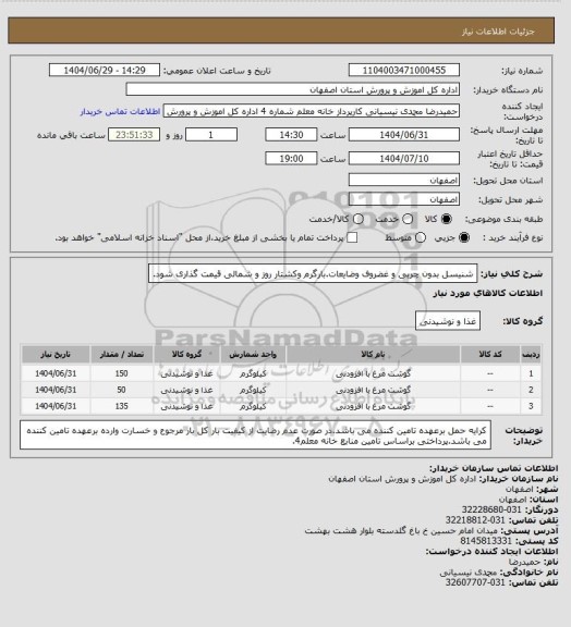 استعلام شنیسل بدون چربی و غضروف وضایعات.بارگرم وکشتار روز و شمالی قیمت گذاری شود.