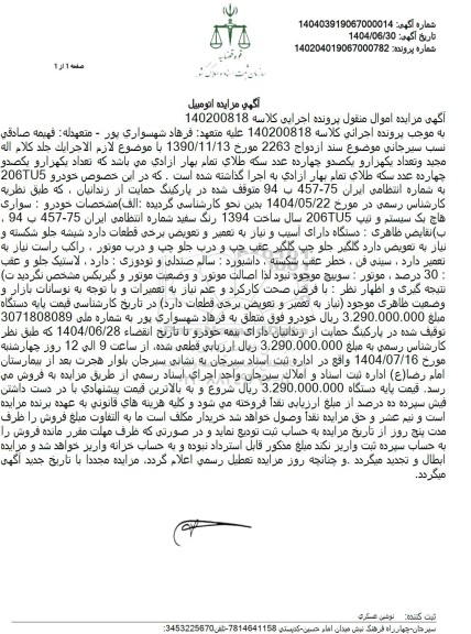 مزایده سواری هاچ بک سیستم و تیپ 206TU5