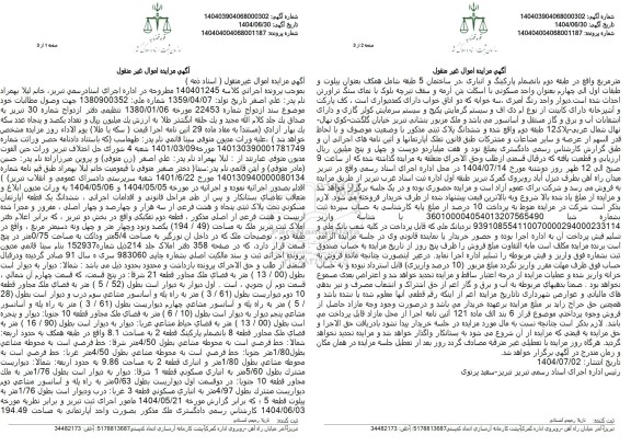 مزایده ششدانگ یک قطعه آپارتمان مسکونی تحت پلاک ثبتی پنجاه و هشت فرعی